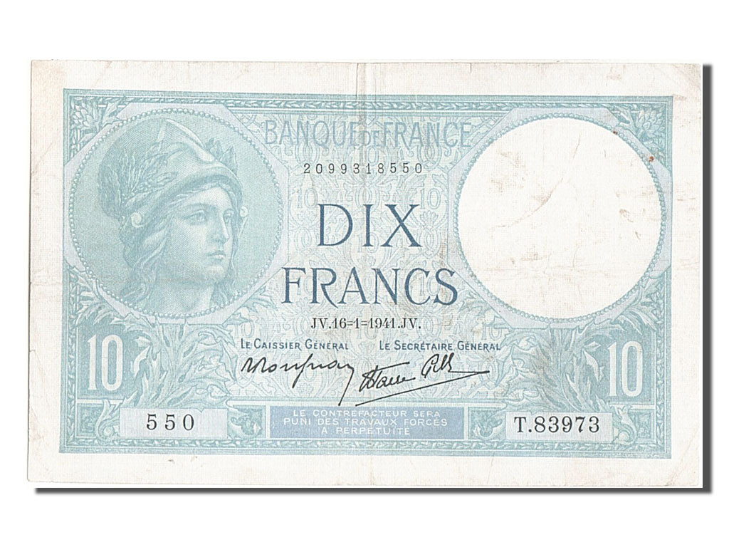 France, 10 Francs, 10 F 1916-1942 ''Minerve'', 1941, KM #84, 1941-01-16,...