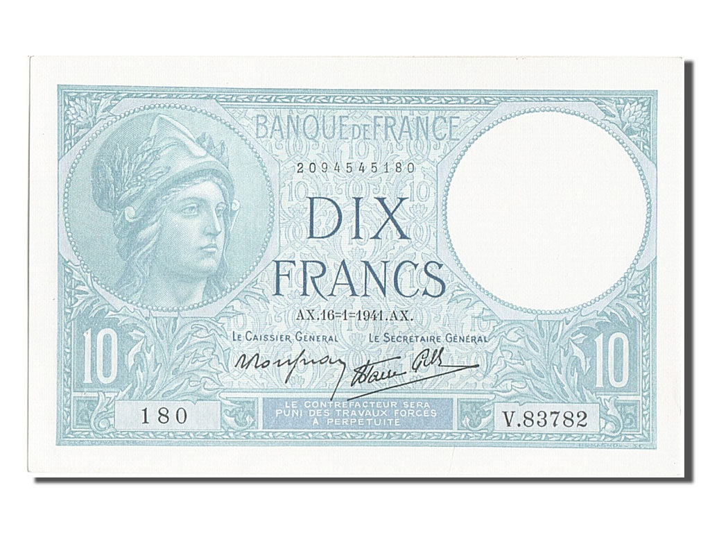 Banconote, Francia, 10 Francs, 10 F 1916-1942 ''Minerve'', 1941, 1941-01-16