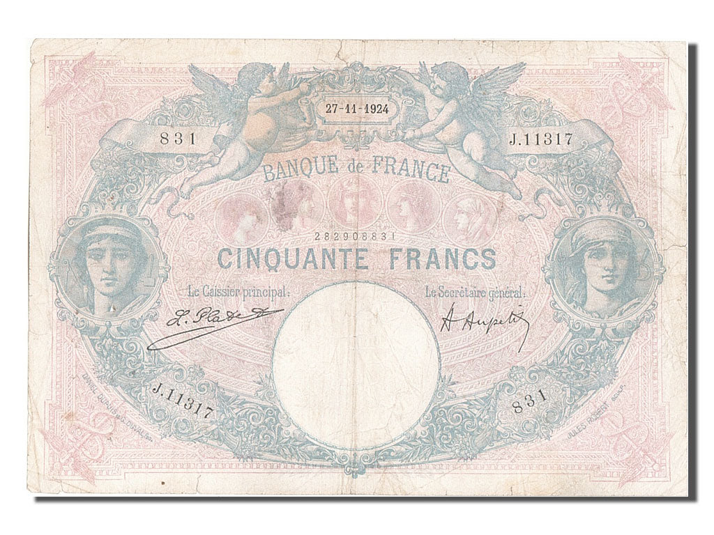 France, 50 Francs, 50 F 1889-1927 ''Bleu et Rose'', 1924, KM #64g, 1924-11-27,..