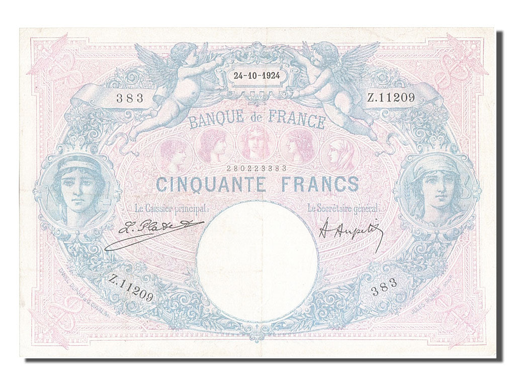 France, 50 Francs, 50 F 1889-1927 ''Bleu et Rose'', 1924, KM #64g, 1924-10-24,..