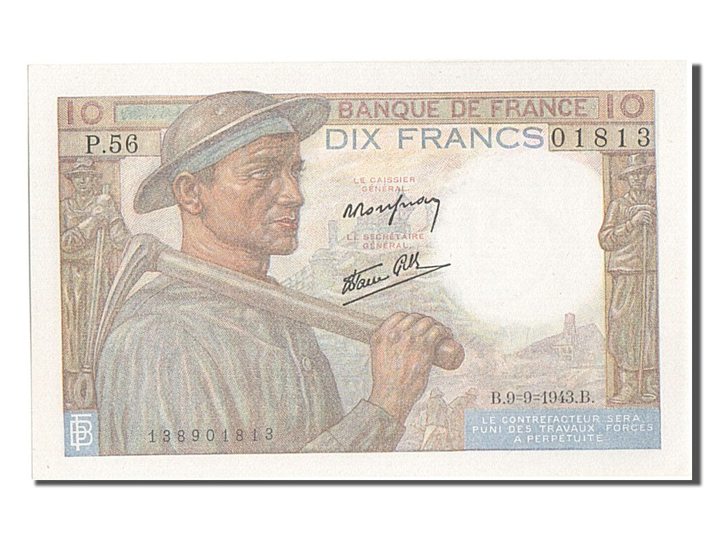 Francia, 10 Francs, 10 F 1941-1949 ''Mineur'', 1943, KM:99d, 1943-09-09, FDS,...
