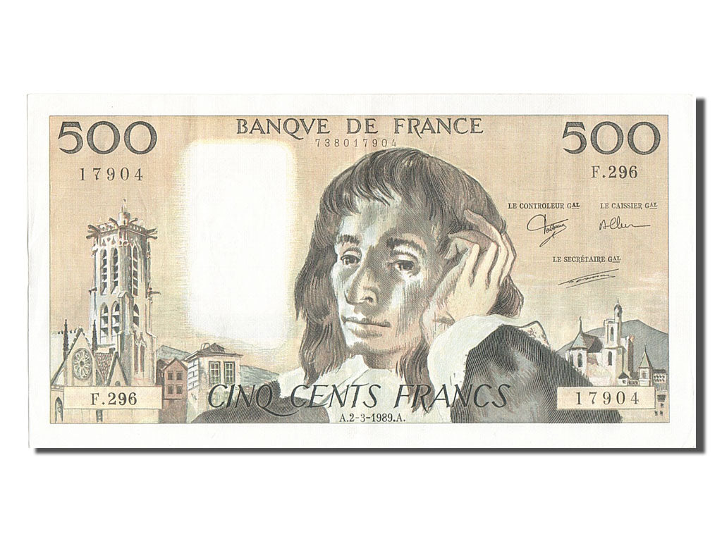 Francia, 500 Francs, 500 F 1968-1993 ''Pascal'', 1989, KM:156g, 1989-03-02, B...