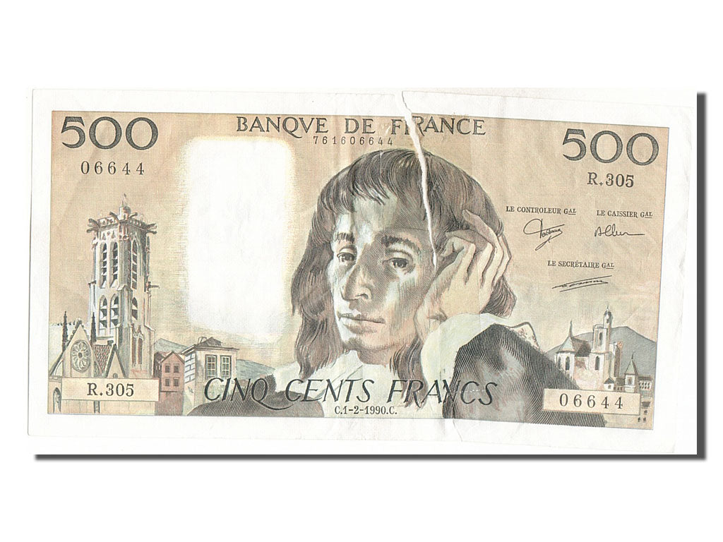 France, 500 Francs, 500 F 1968-1993 ''Pascal'', 1990, KM #156g, 1990-02-01,...