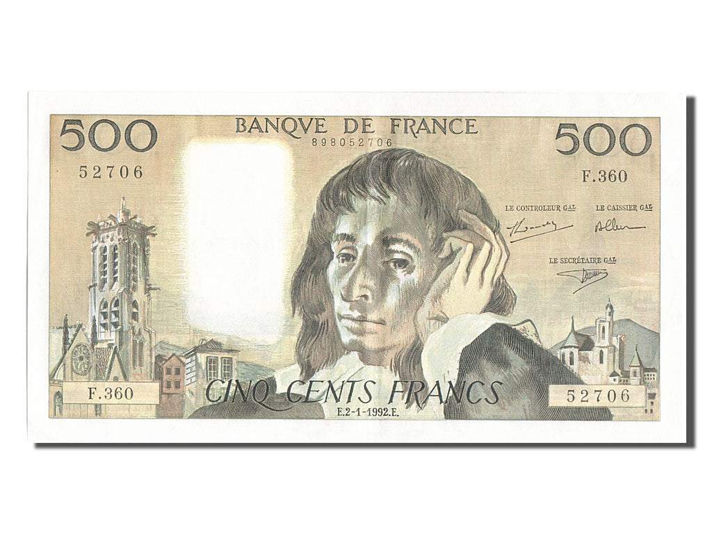 France, 500 Francs, 500 F 1968-1993 ''Pascal'', 1992, KM #156i, 1992-01-02,...