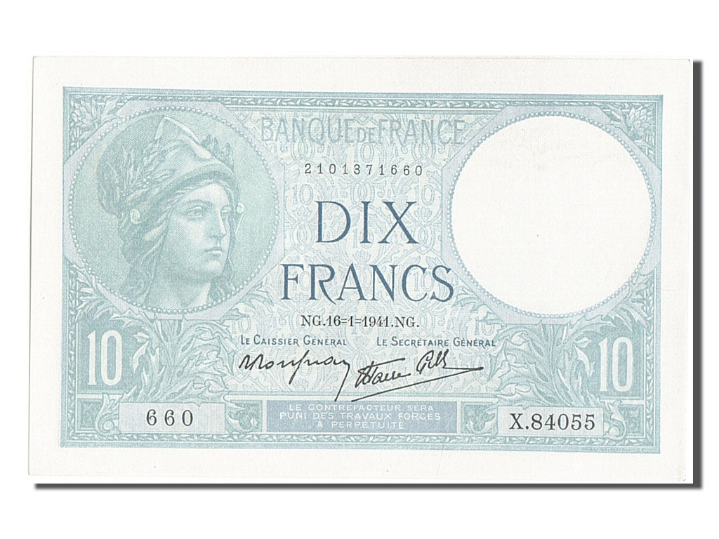 Banconote, Francia, 10 Francs, 10 F 1916-1942 ''Minerve'', 1941, 1941-01-16