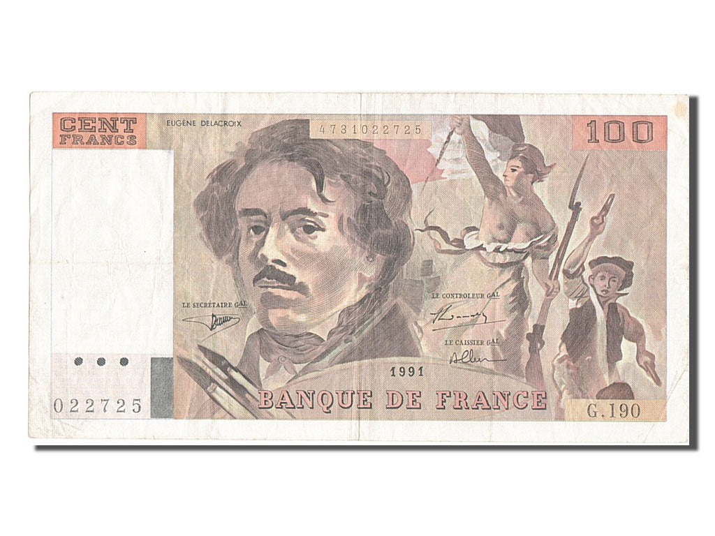 France, 100 Francs, 100 F 1978-1995 ''Delacroix'', 1991, KM #154f, VF(20-25),...