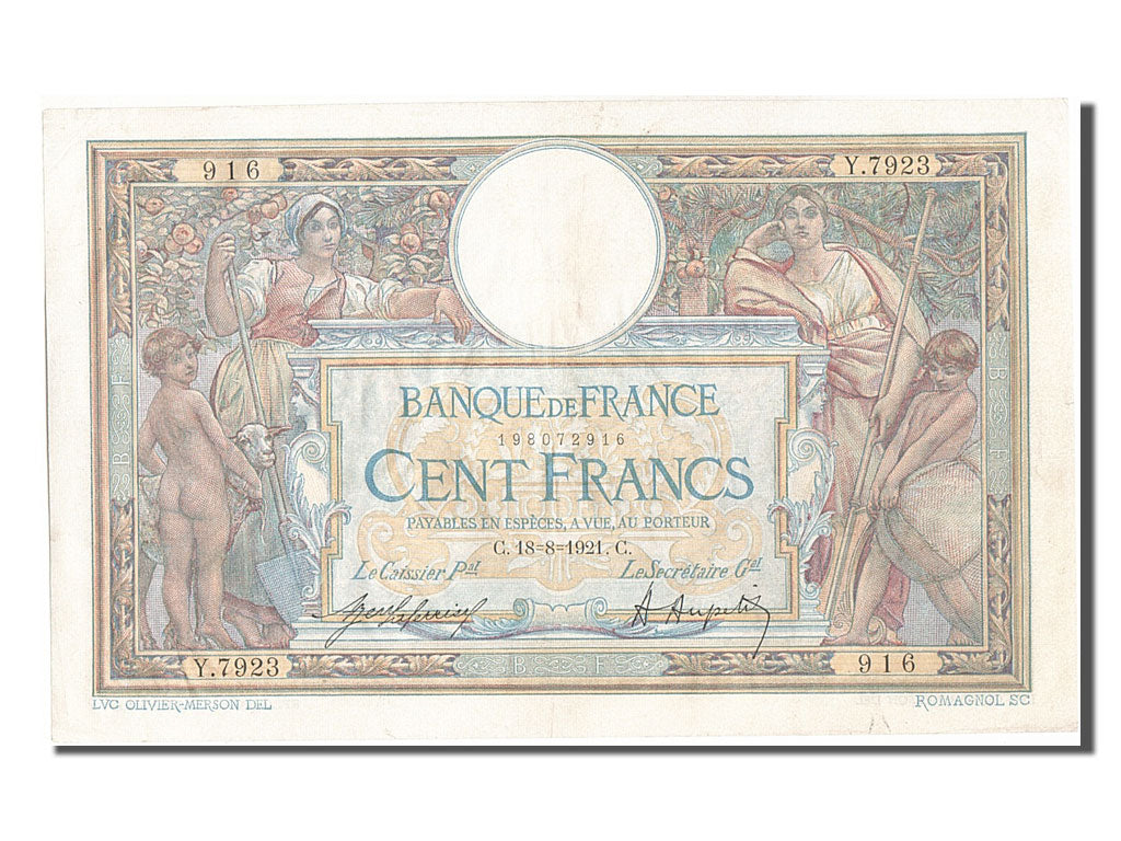 Banknote, France, 100 Francs, 100 F 1908-1939 ''Luc Olivier Merson'', 1921