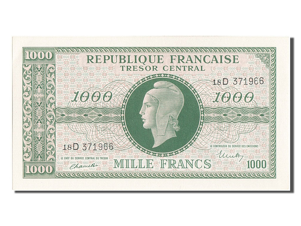 France, 1000 Francs, 1943-1945 Marianne, 1945, KM #107, UNC(65-70), 18D371966,..