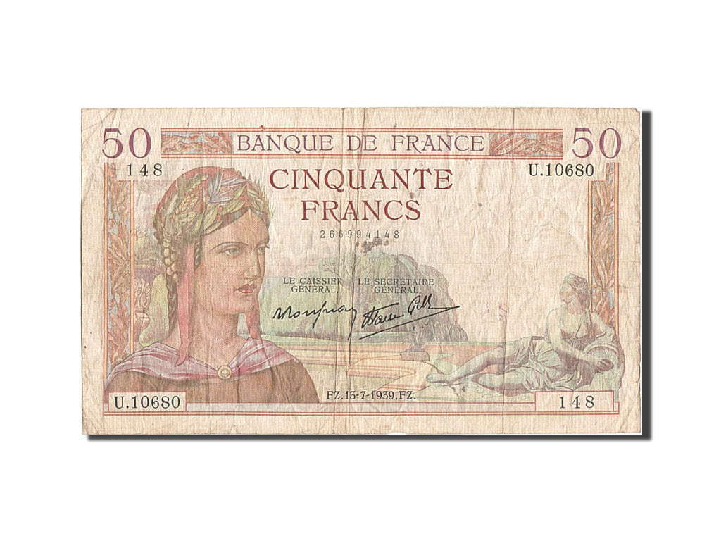 Billete, Francia, 50 Francs, 50 F 1934-1940 ''Cérès'', 1939, 1939-07-13, BC