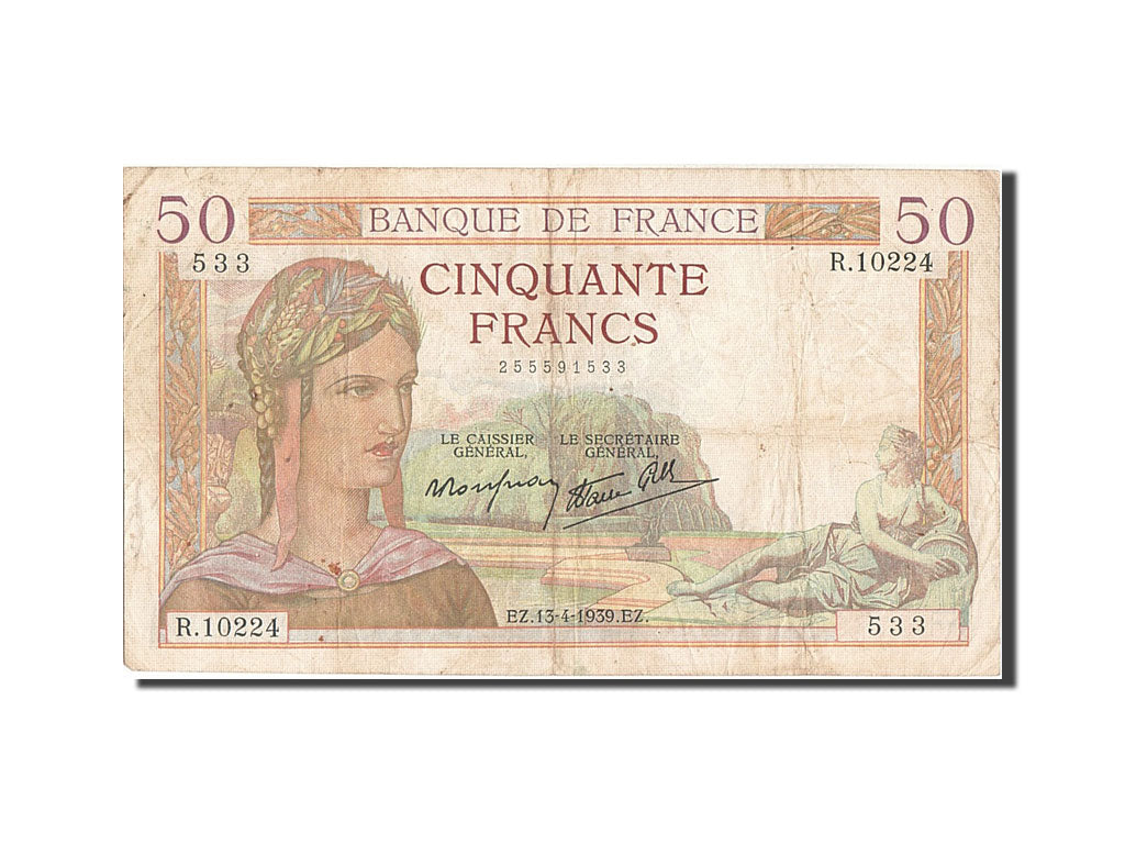Billete, Francia, 50 Francs, 50 F 1934-1940 ''Cérès'', 1939, 1939-04-13, BC