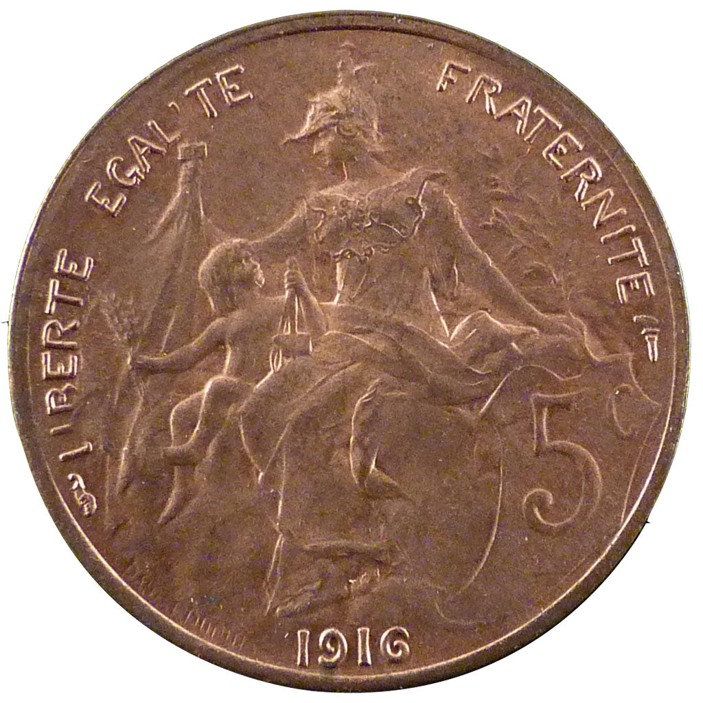 FRANCE, 5 Centimes, 1916, AU(55-58), Bronze, Gadoury #165, 4.90
