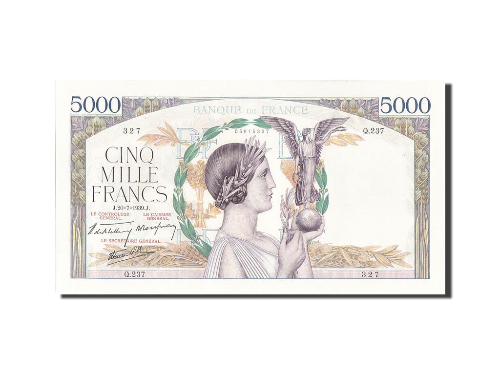 France, 5000 Francs, 5 000 F 1934-1944 ''Victoire'', 1939, KM #97a, 1939-07-20,.