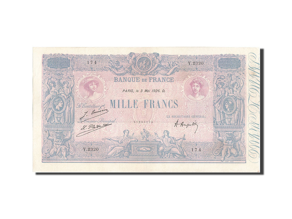 France, 1000 Francs, 1 000 F 1889-1926 ''Bleu et Rose'', 1926, KM #67j,...