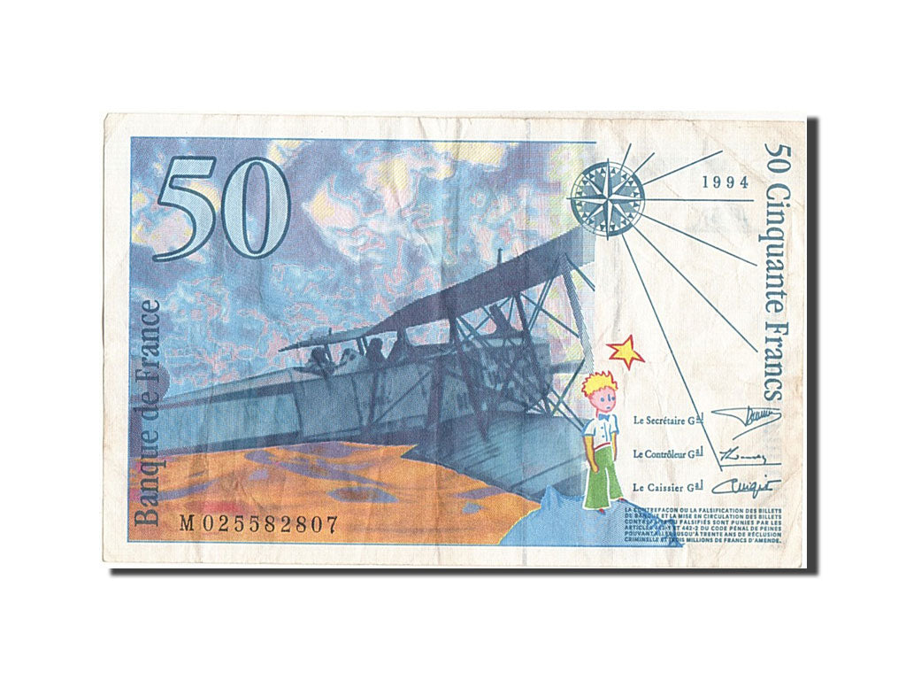 France, 50 Francs, 50 F 1992-1999 ''St Exupéry'', 1994, KM #157Aa, VF(20-25), M.