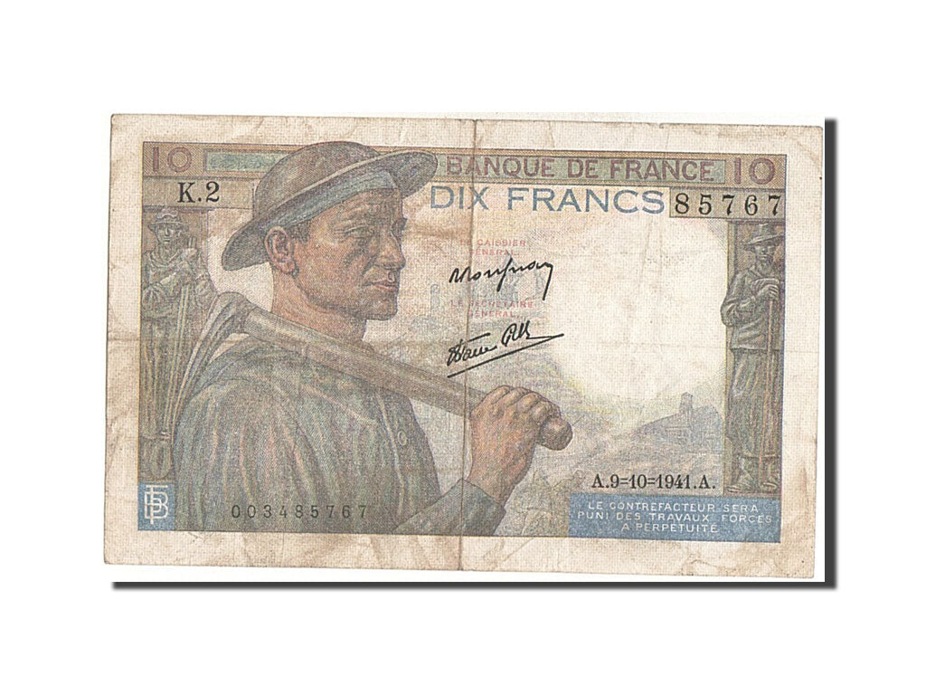 France, 10 Francs, 10 F 1941-1949 ''Mineur'', 1941, KM #99b, 1941-10-09,...