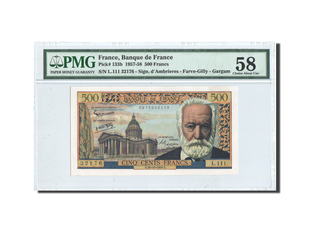 France, 500 Francs, Victor Hugo, 1958, KM:133b, PMG Ch AU58