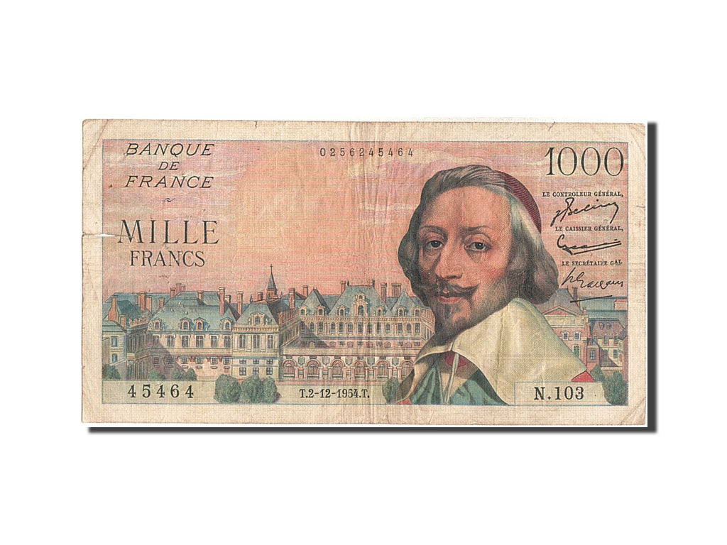 France, 1000 Francs, 1 000 F 1953-1957 ''Richelieu'', 1954, KM #134a,...