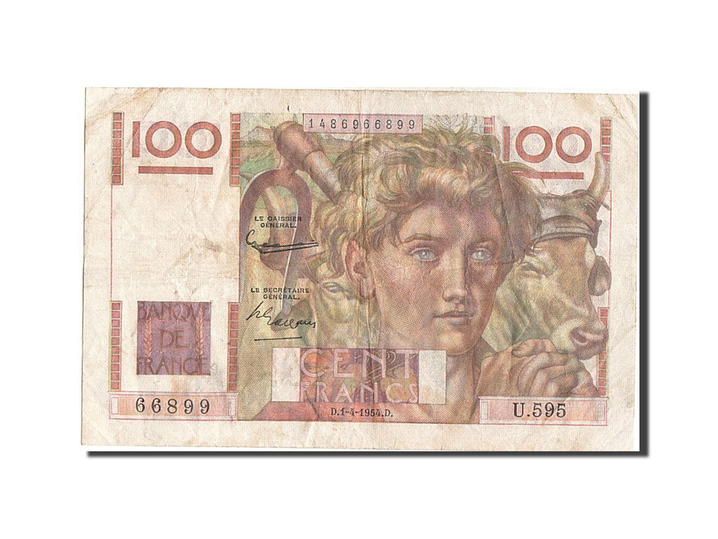 France, 100 Francs, 100 F 1945-1954 ''Jeune Paysan'', 1954, KM #128e,...