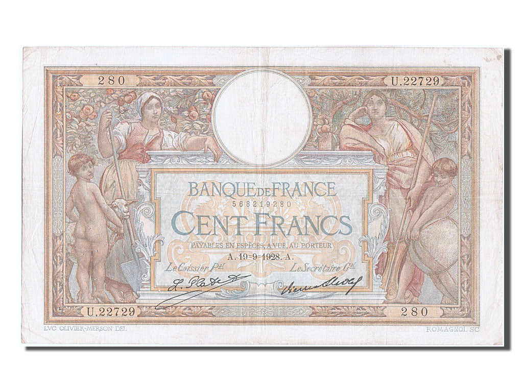 France, 100 Francs, 100 F 1908-1939 ''Luc Olivier Merson'', 1928, KM #78b,...