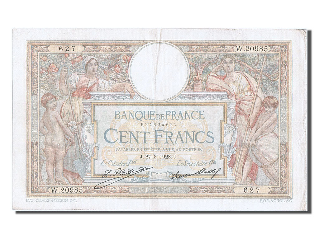 Banknote, France, 100 Francs, 100 F 1908-1939 ''Luc Olivier Merson'', 1928