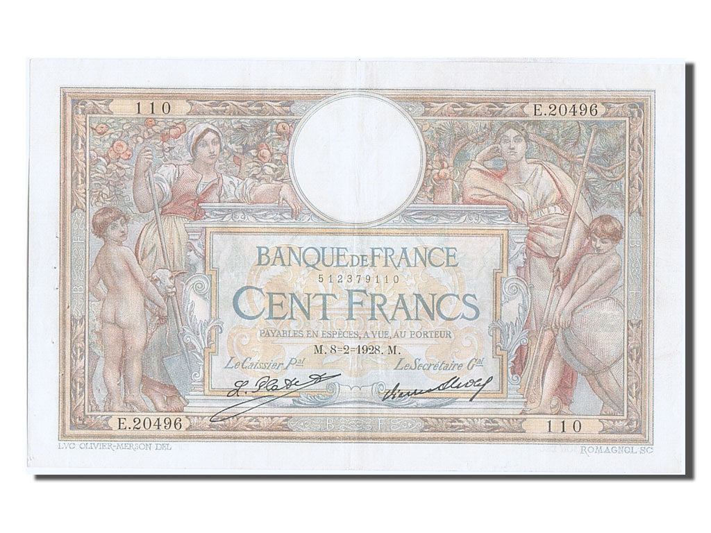 France, 100 Francs, 100 F 1908-1939 ''Luc Olivier Merson'', 1928, KM #78b,...