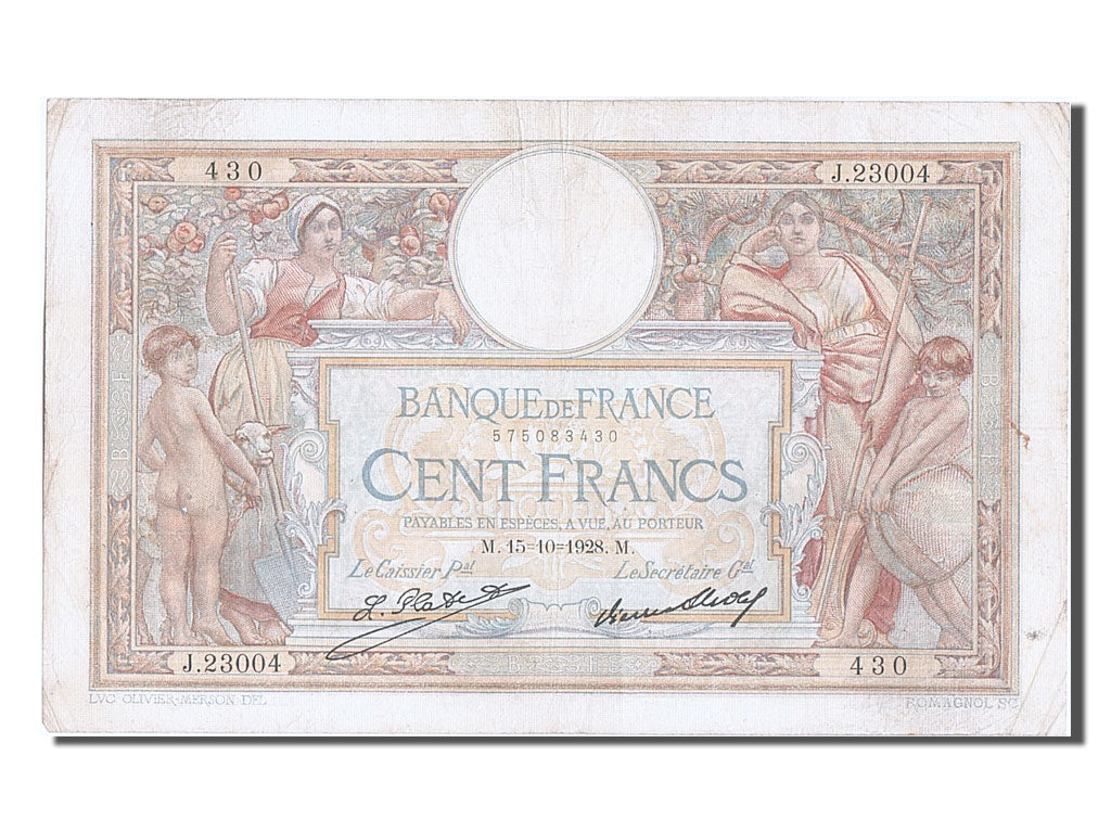 France, 100 Francs, 100 F 1908-1939 ''Luc Olivier Merson'', 1928, KM #78b,...