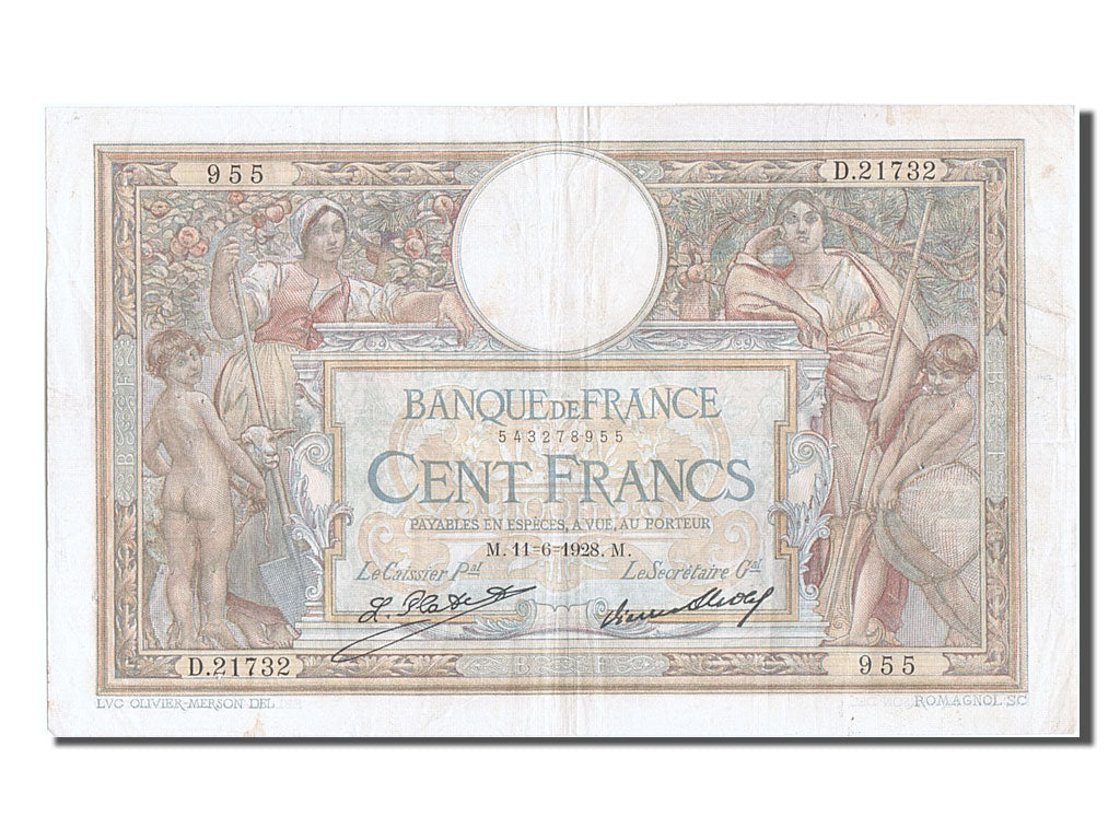 France, 100 Francs, 100 F 1908-1939 ''Luc Olivier Merson'', 1928, KM #78b,...