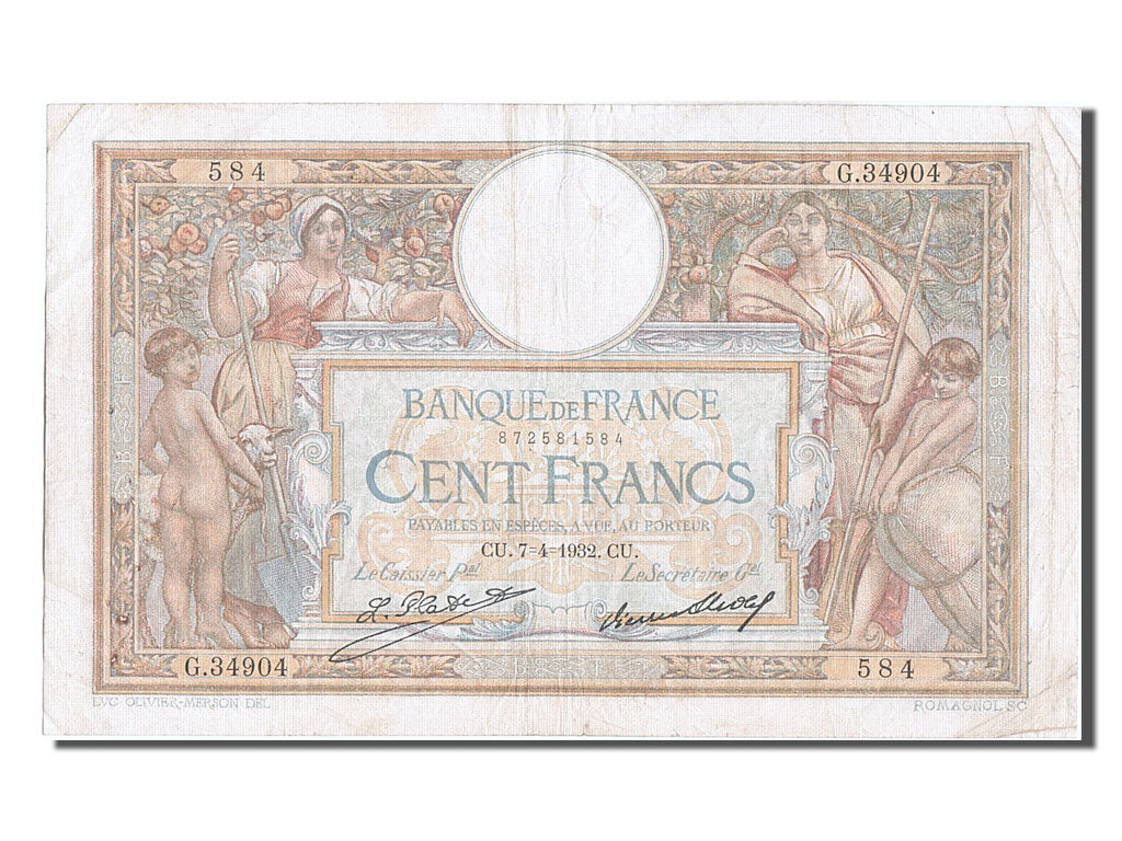 France, 100 Francs, 100 F 1908-1939 ''Luc Olivier Merson'', 1932, KM #78b,...