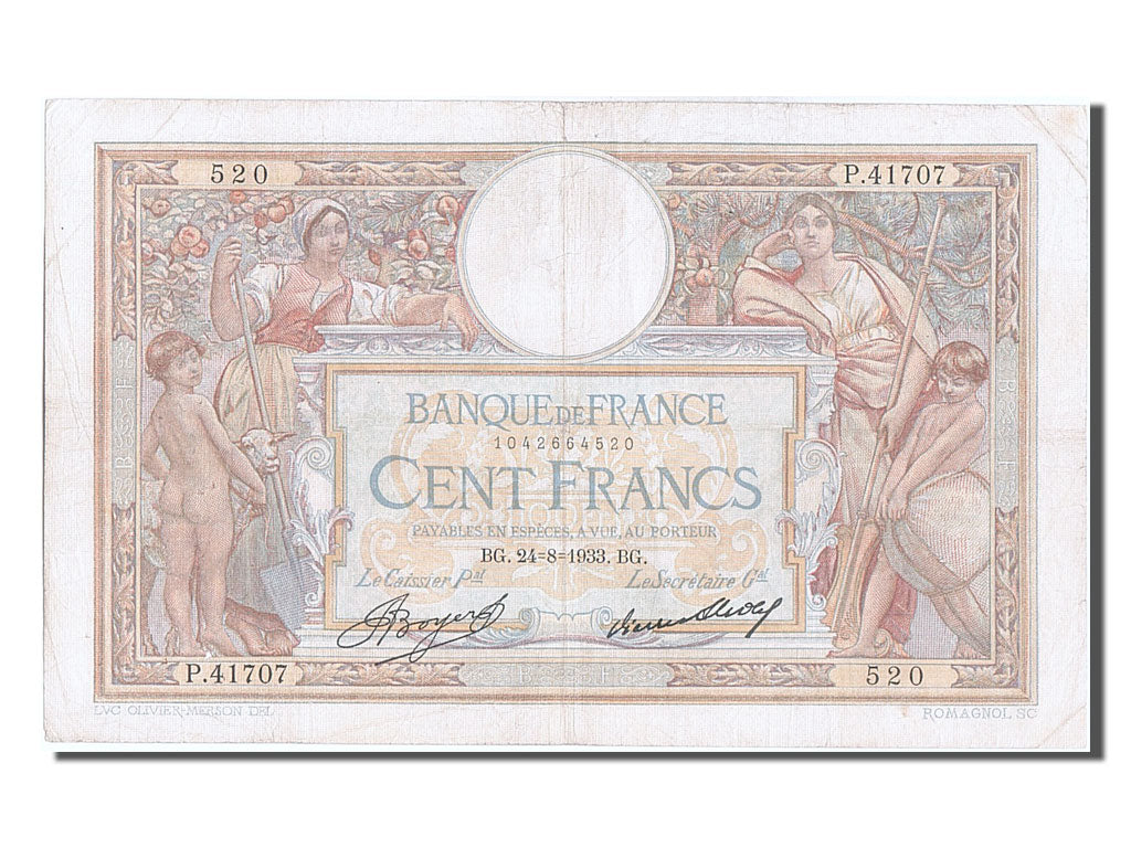 Banknote, France, 100 Francs, 100 F 1908-1939 ''Luc Olivier Merson'', 1933