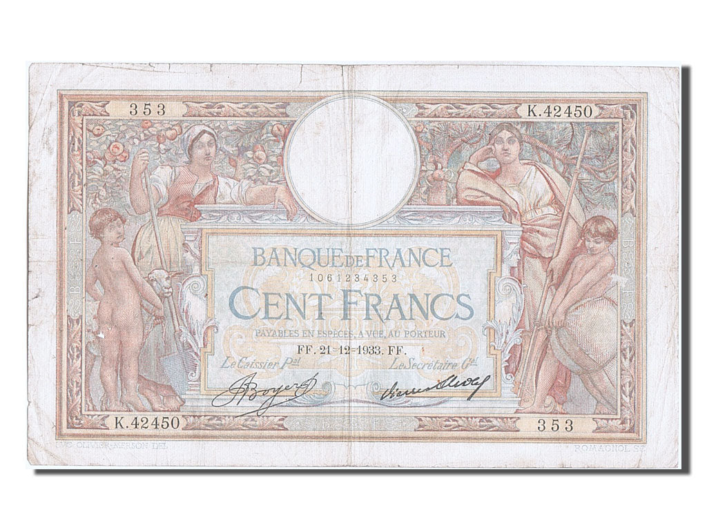 France, 100 Francs, 100 F 1908-1939 ''Luc Olivier Merson'', 1933, KM #78c,...
