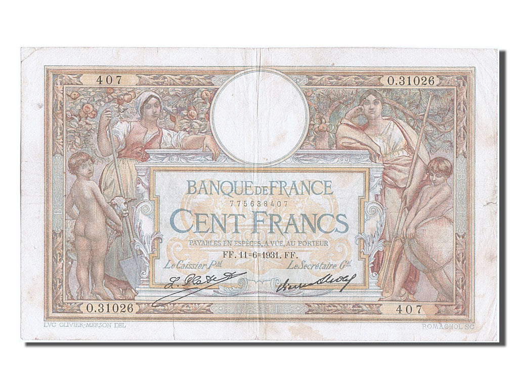 Banknote, France, 100 Francs, 100 F 1908-1939 ''Luc Olivier Merson'', 1931