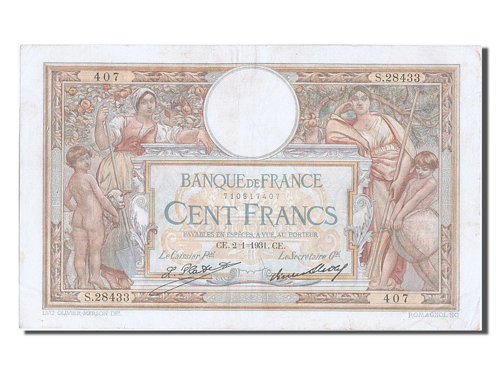 Banknote, France, 100 Francs, 100 F 1908-1939 ''Luc Olivier Merson'', 1931