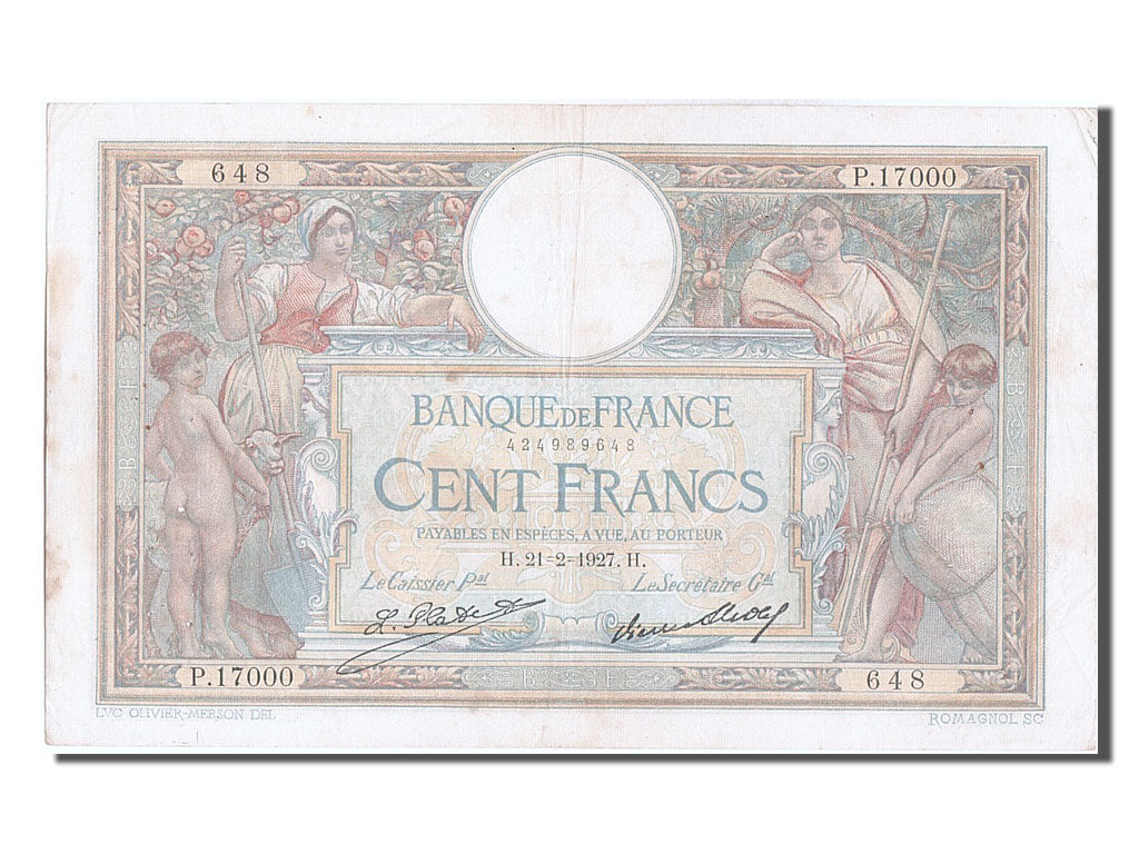 Banknote, France, 100 Francs, 100 F 1908-1939 ''Luc Olivier Merson'', 1927