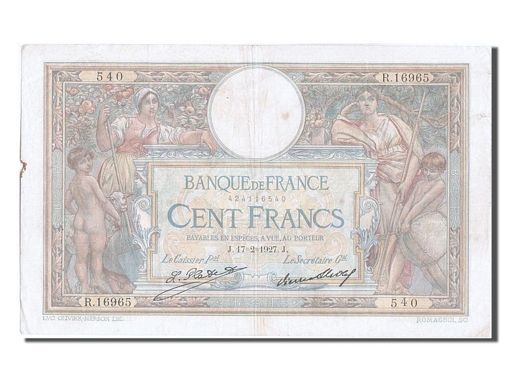 France, 100 Francs, 100 F 1908-1939 ''Luc Olivier Merson'', 1927, KM #78b,...