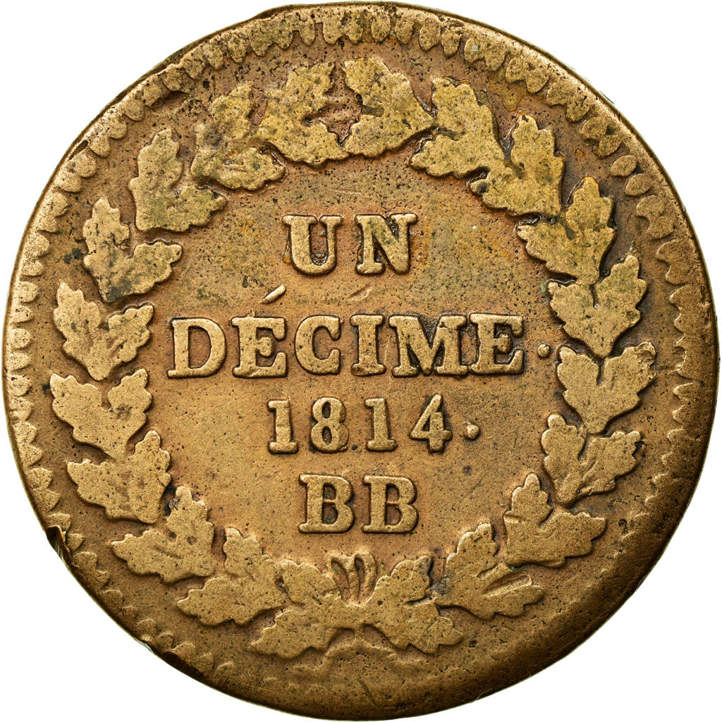 Moneda, Francia, Louis XVIII, Decime, 1814, Strasbourg, BC+, Bronce