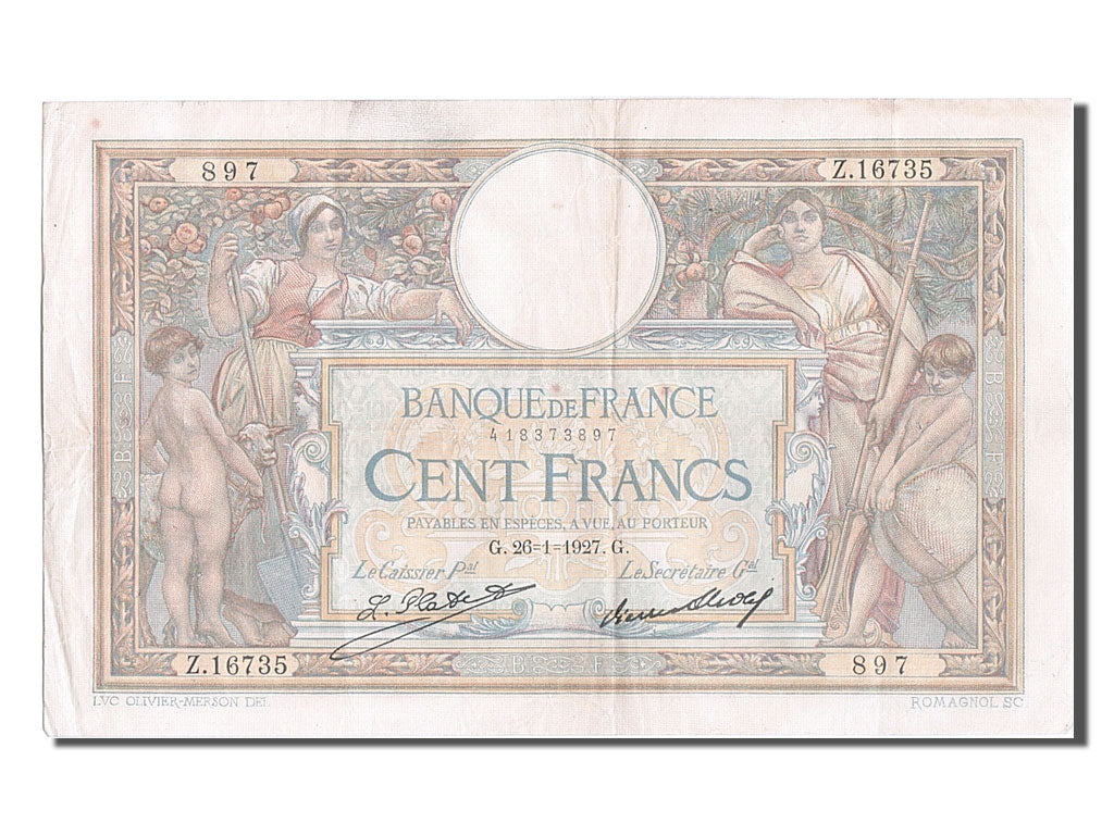 Banknote, France, 100 Francs, 100 F 1908-1939 ''Luc Olivier Merson'', 1927
