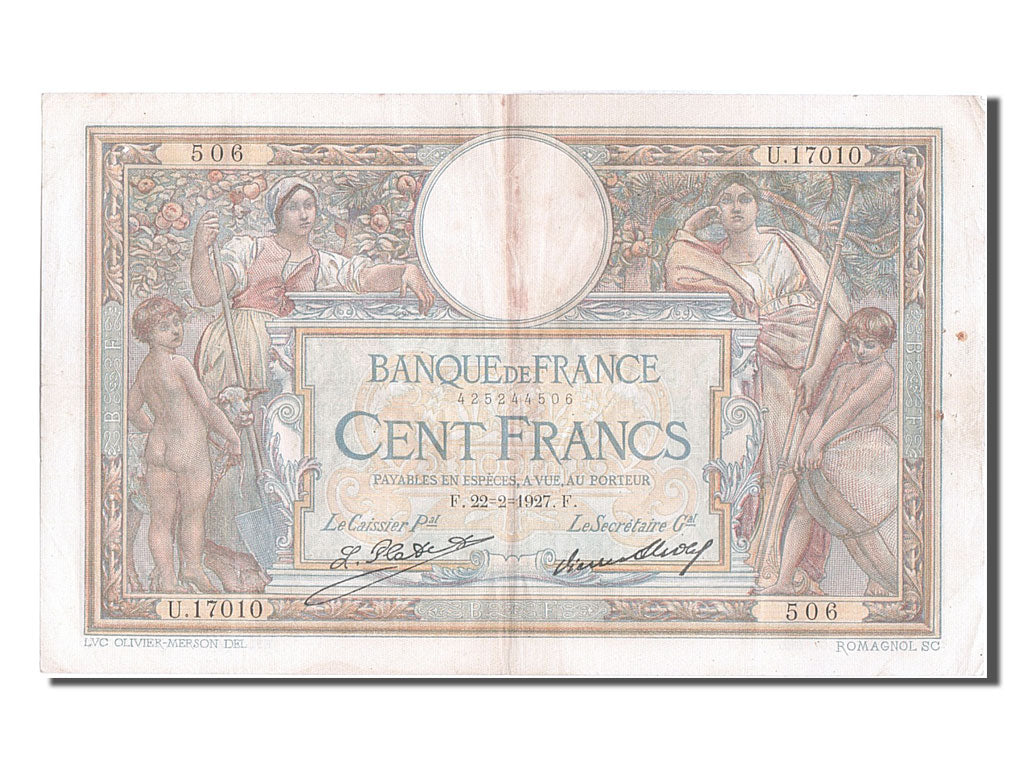 France, 100 Francs, 100 F 1908-1939 ''Luc Olivier Merson'', 1927, KM #78b,...