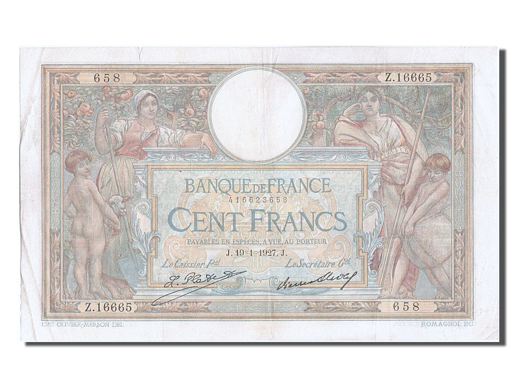 France, 100 Francs, 100 F 1908-1939 ''Luc Olivier Merson'', 1927, KM #78b,...