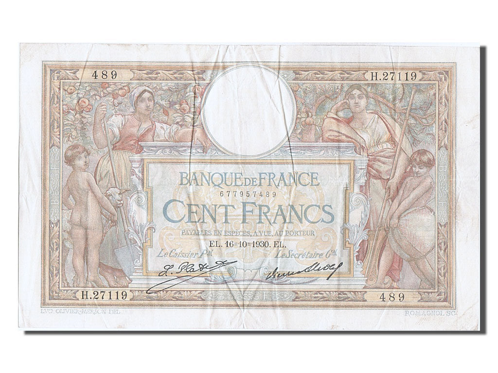 France, 100 Francs, 100 F 1908-1939 ''Luc Olivier Merson'', 1930, KM #78b,...