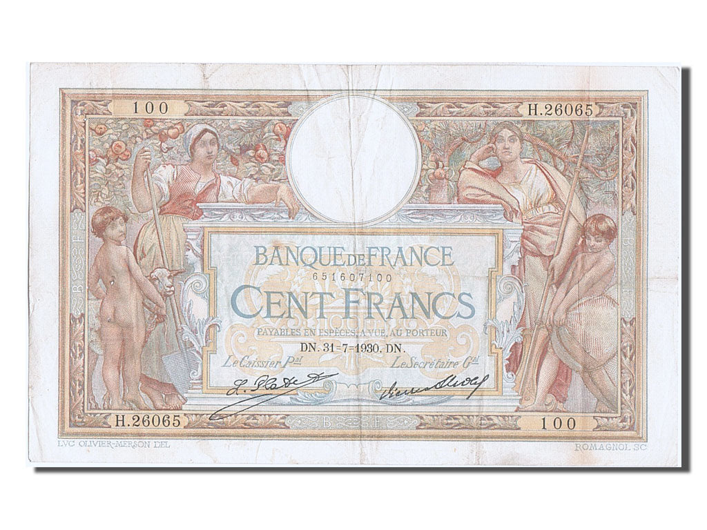 France, 100 Francs, 100 F 1908-1939 ''Luc Olivier Merson'', 1930, KM #78b,...