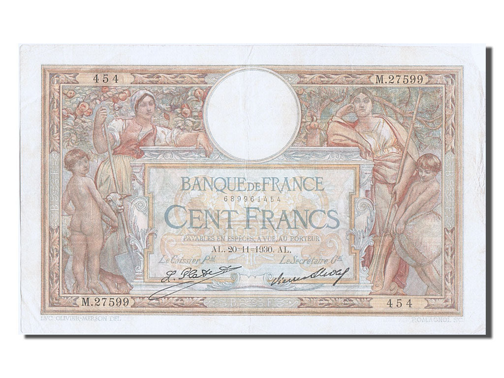 France, 100 Francs, 100 F 1908-1939 ''Luc Olivier Merson'', 1930, KM #78b,...