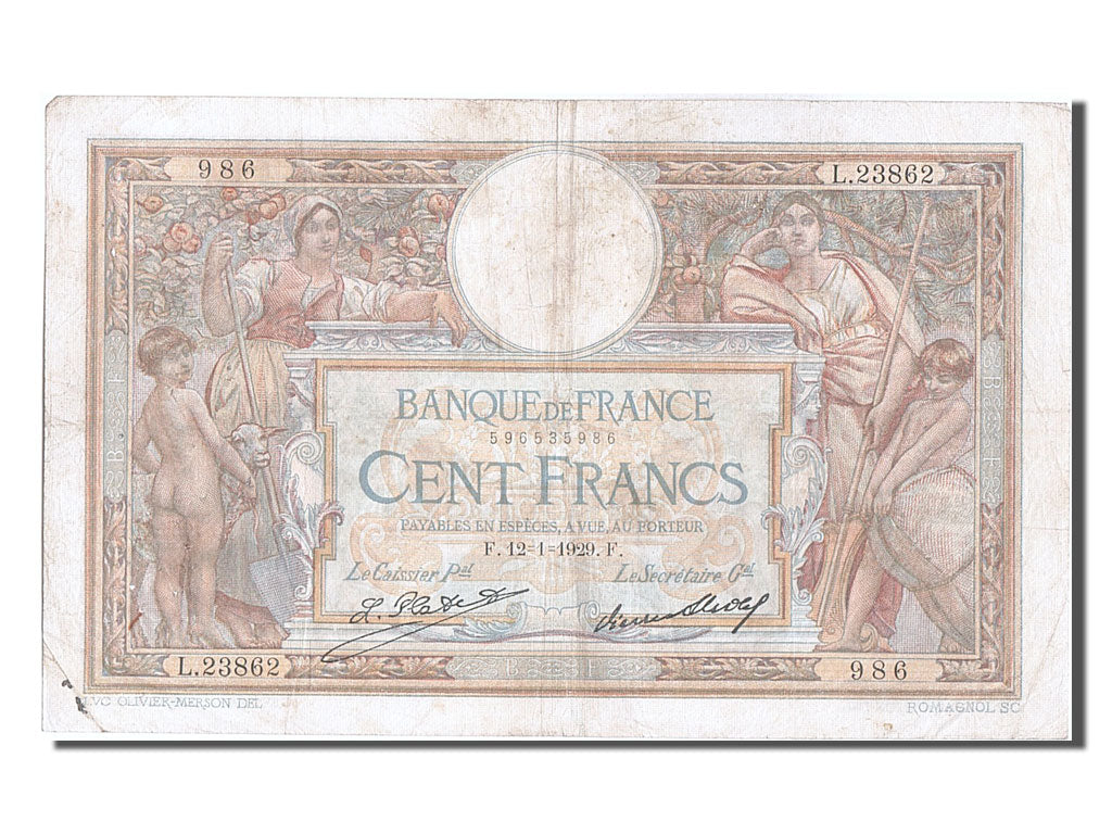 France, 100 Francs, 100 F 1908-1939 ''Luc Olivier Merson'', 1929, KM #78b,...