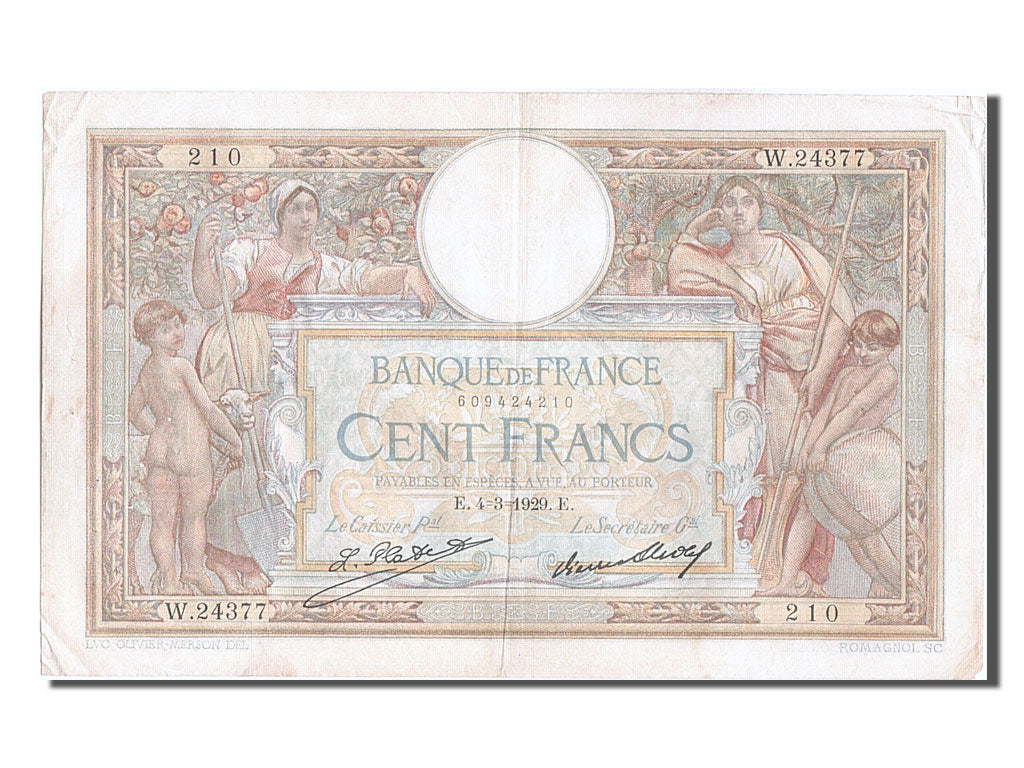 France, 100 Francs, 100 F 1908-1939 ''Luc Olivier Merson'', 1929, KM #78b,...