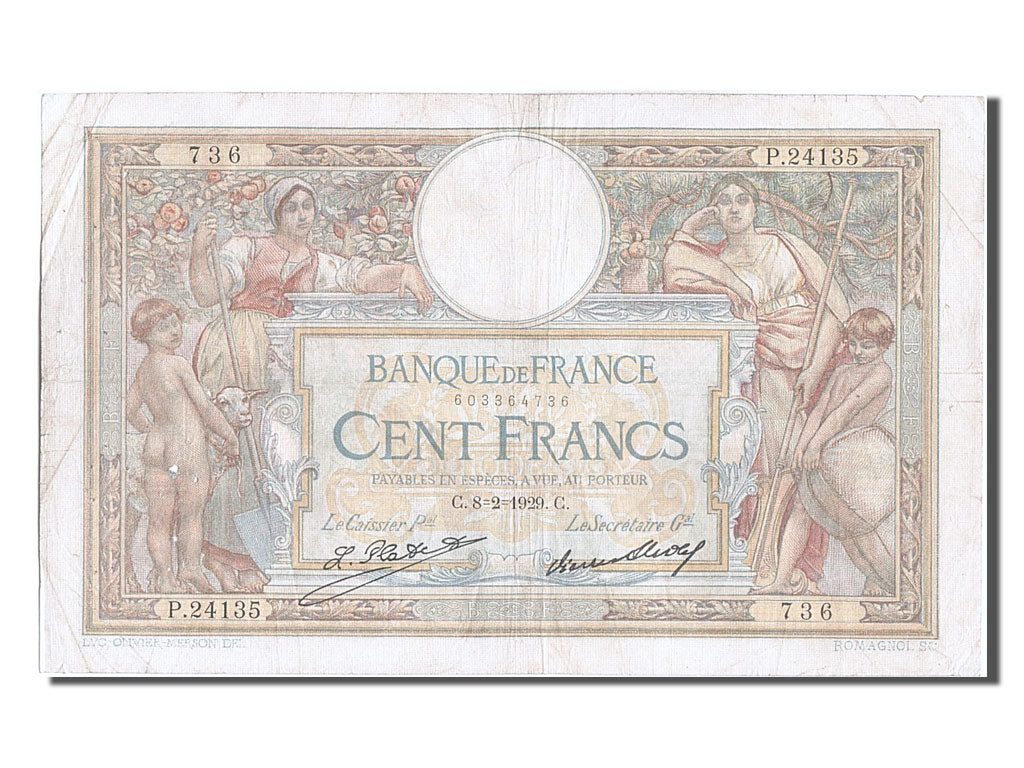 France, 100 Francs, 100 F 1908-1939 ''Luc Olivier Merson'', 1929, KM #78b,...