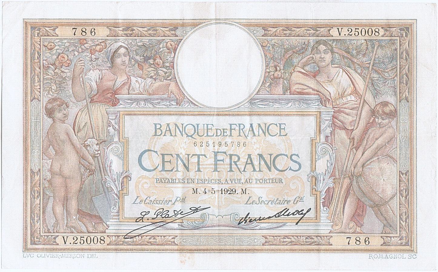 Banknote, France, 100 Francs, 100 F 1908-1939 ''Luc Olivier Merson'', 1929