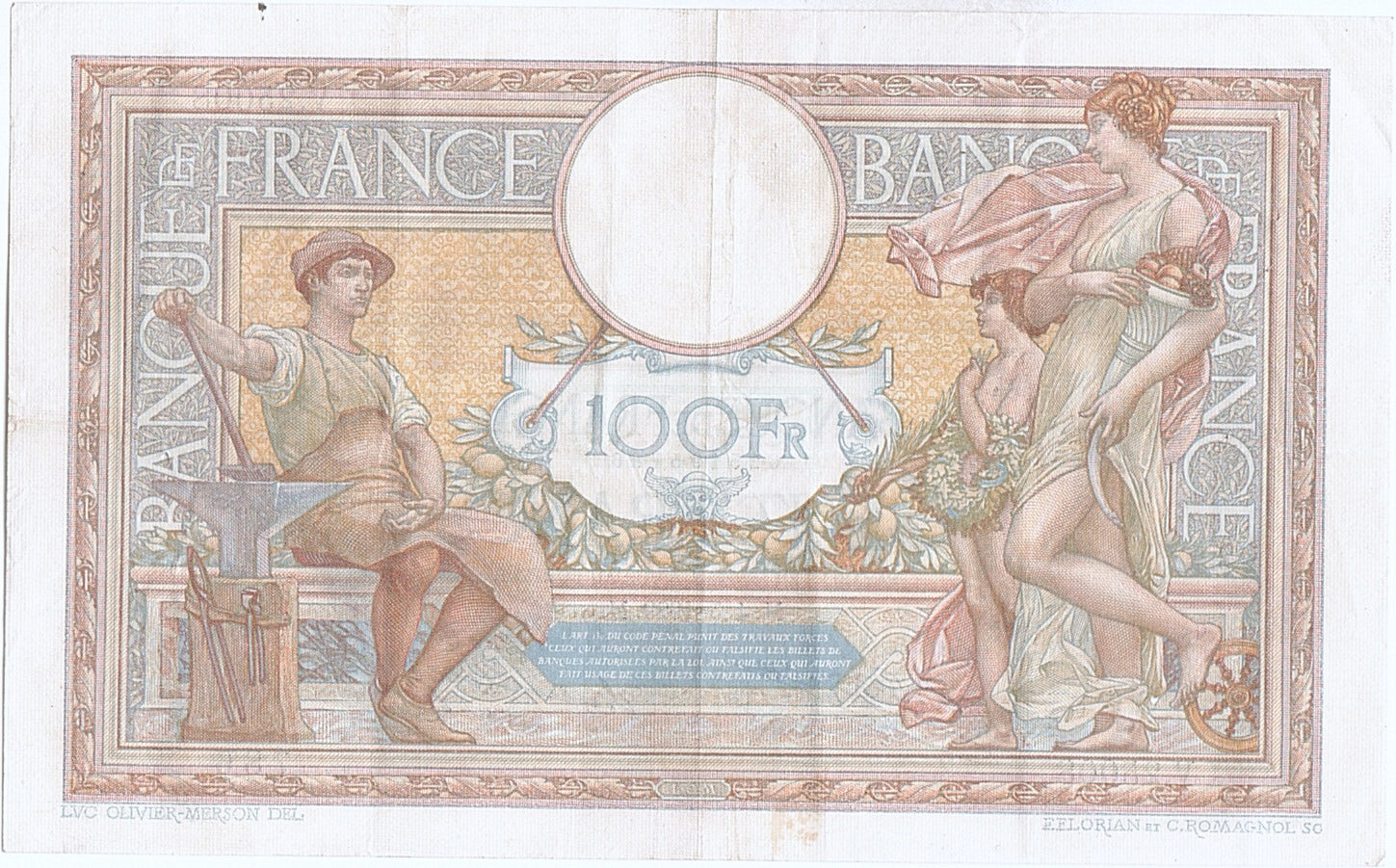 Banknote, France, 100 Francs, 100 F 1908-1939 ''Luc Olivier Merson'', 1929