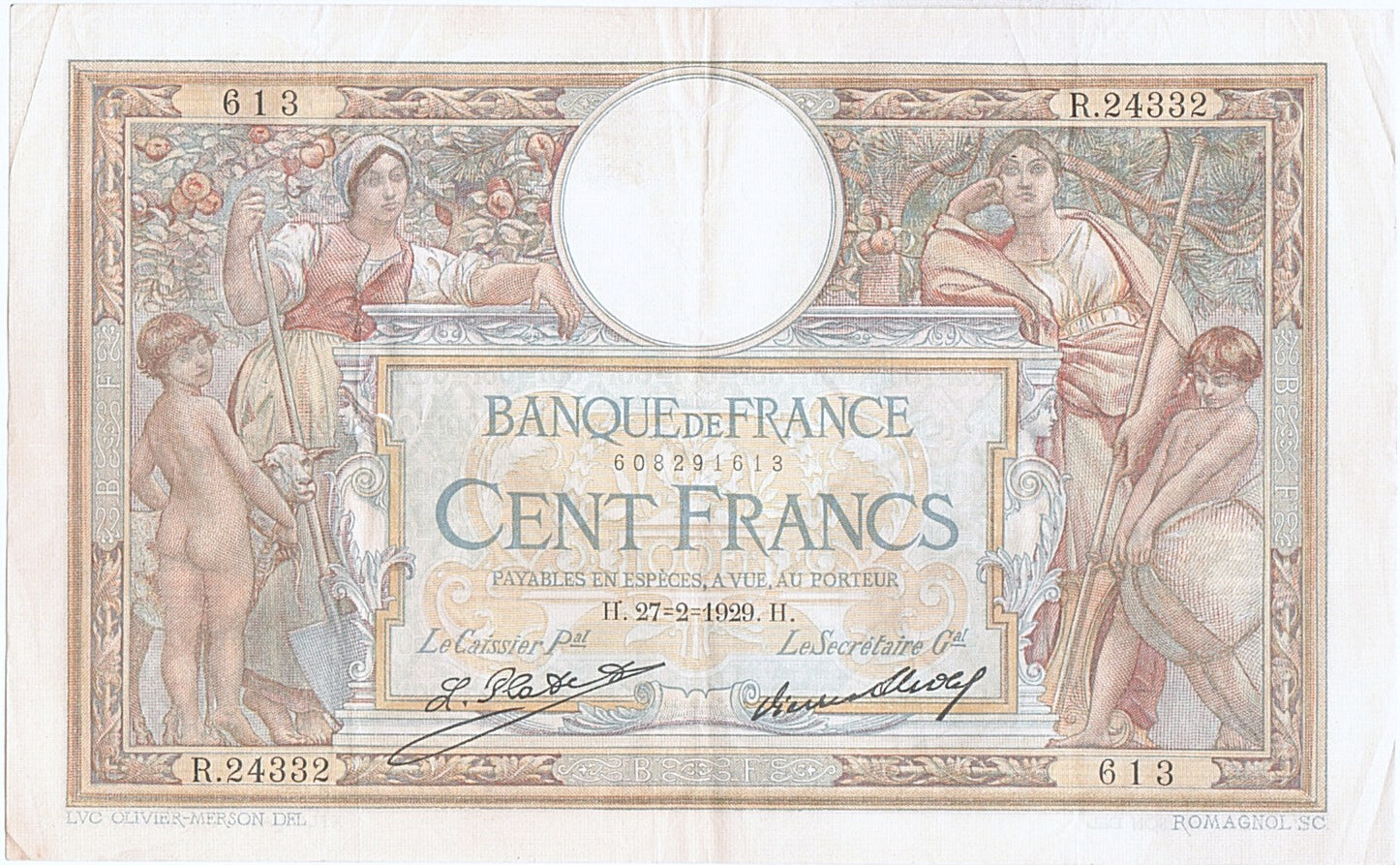France, 100 Francs, 100 F 1908-1939 ''Luc Olivier Merson'', 1929, KM #78b,...