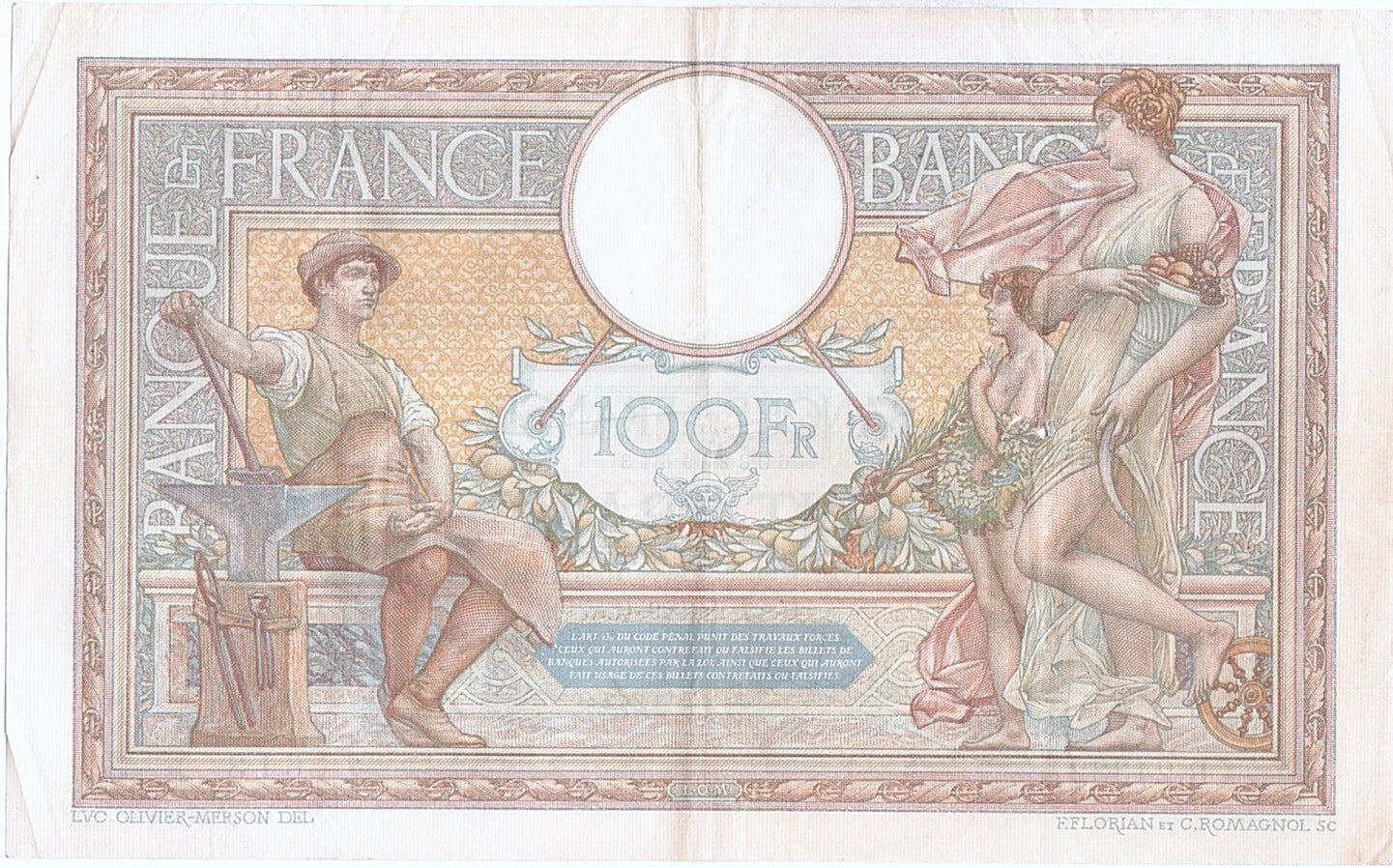France, 100 Francs, 100 F 1908-1939 ''Luc Olivier Merson'', 1929, KM #78b,...