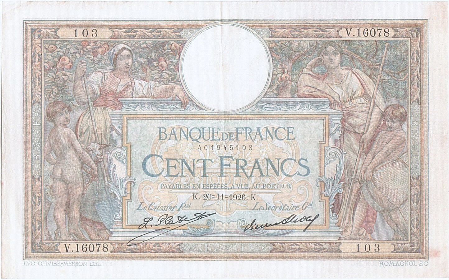 Banknote, France, 100 Francs, 100 F 1908-1939 ''Luc Olivier Merson'', 1926