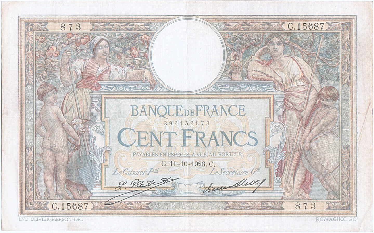 Banknote, France, 100 Francs, 100 F 1908-1939 ''Luc Olivier Merson'', 1926